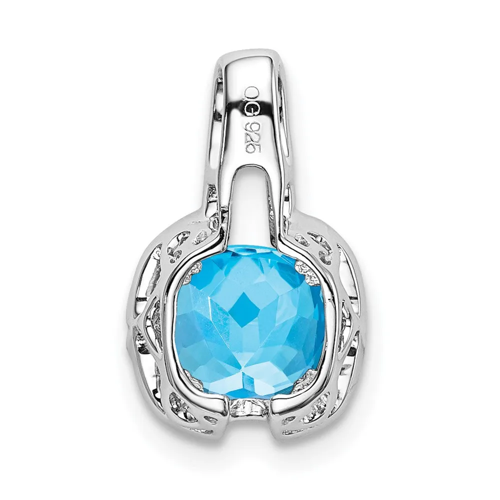 14k White Gold Cushion Blue Topaz and Diamond Pendant