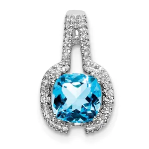 14k White Gold Cushion Blue Topaz and Diamond Pendant
