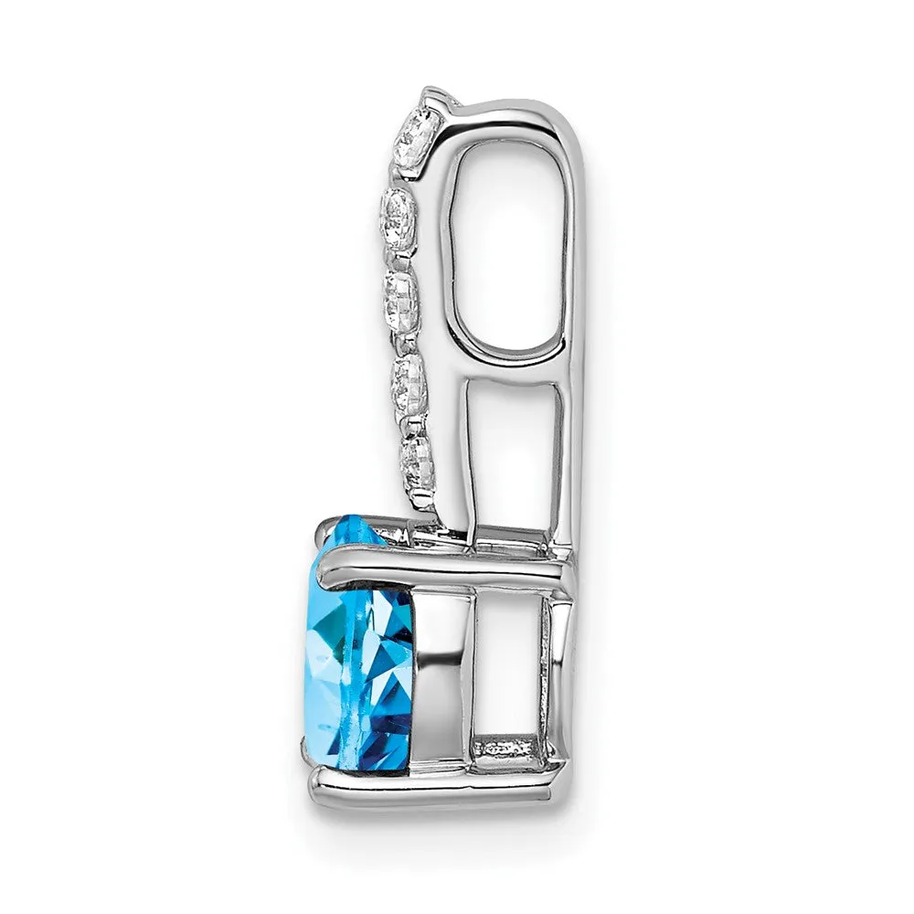 14k White Gold Round Blue Topaz and Diamond Pendant