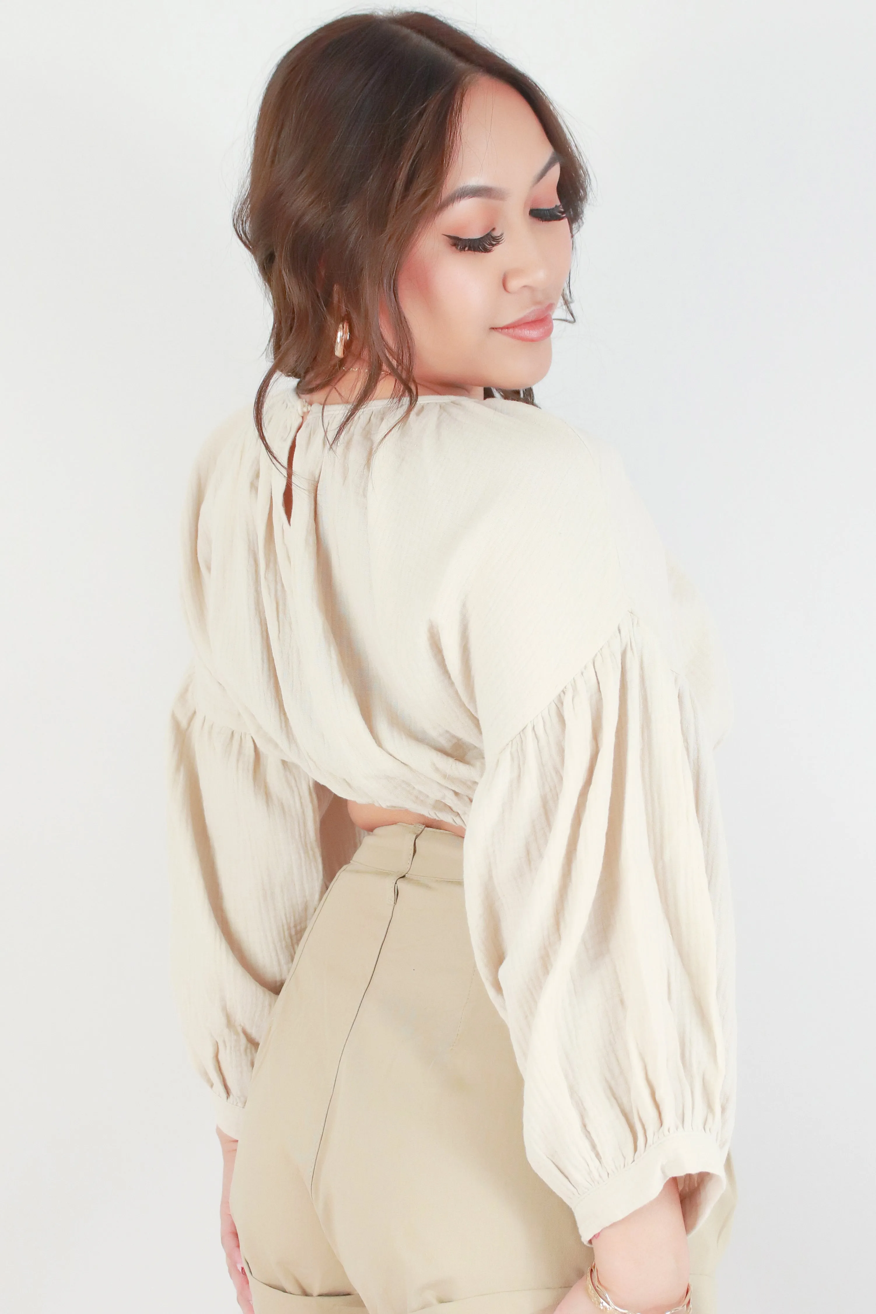3/4 SLEEVE CROPPED GAUZE TOP