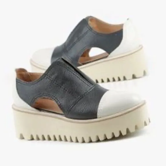ALL BLACK ANTHROPOLOGIE Black and Beige Cut Out Platform Loafer-41/US 10