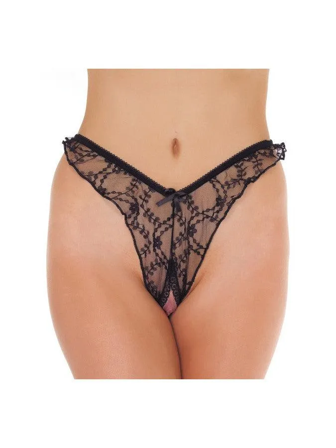Amorable - Kanten Brasilian String Met Open Kruis - Zwart