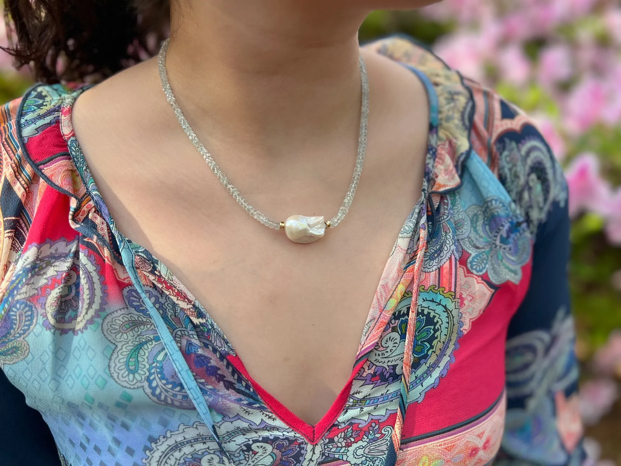 Aquamarine Necklace with Baroque Pearl Accent