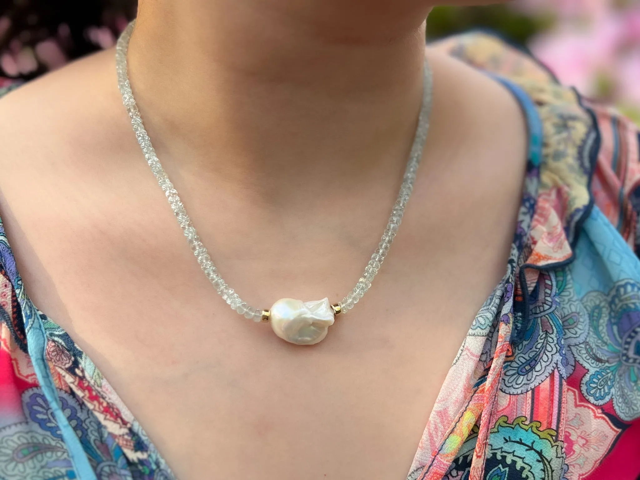Aquamarine Necklace with Baroque Pearl Accent