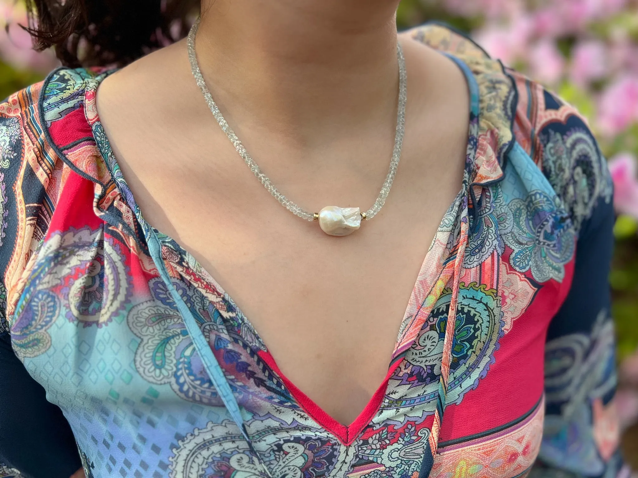 Aquamarine Necklace with Baroque Pearl Accent