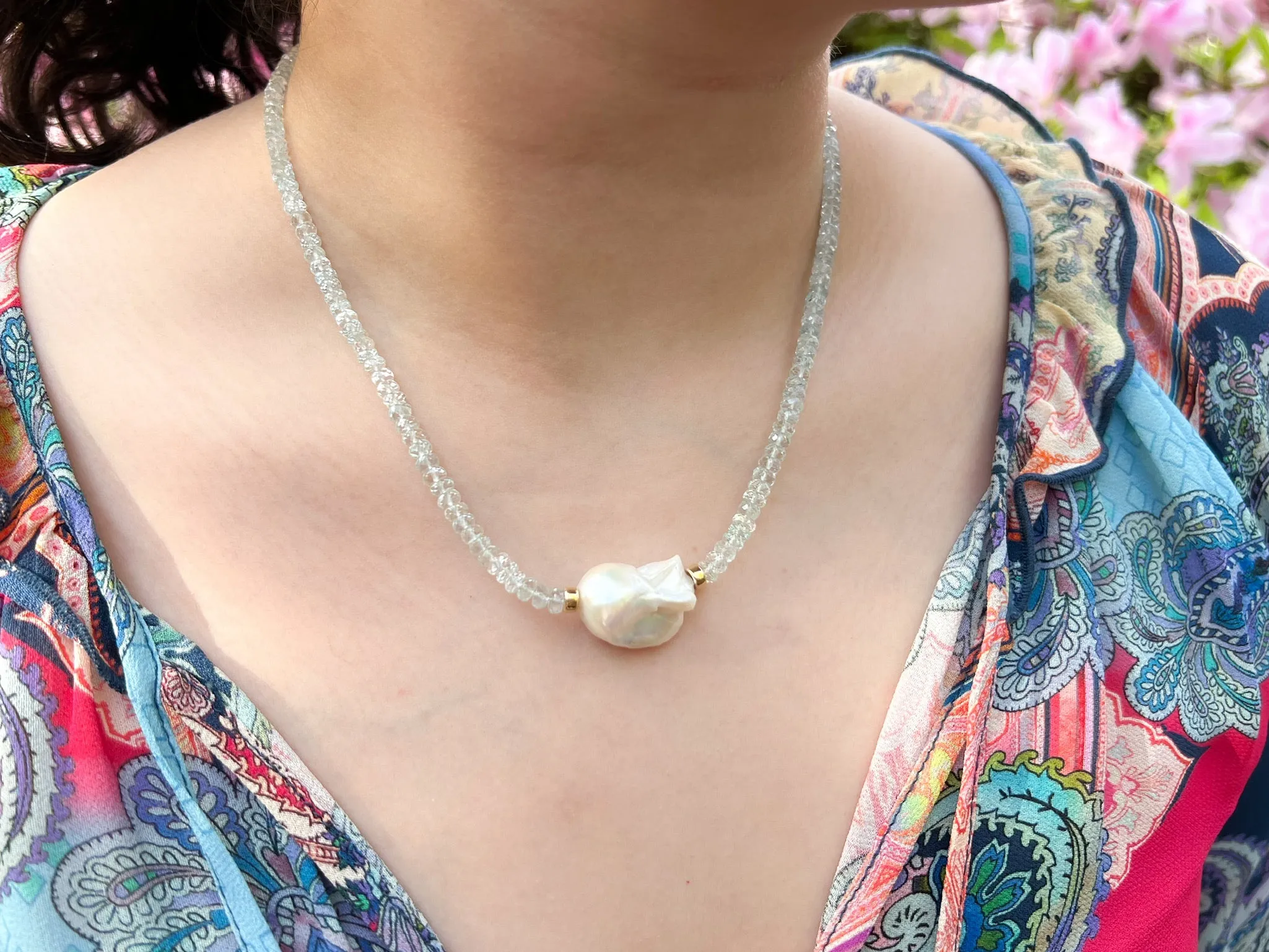 Aquamarine Necklace with Baroque Pearl Accent