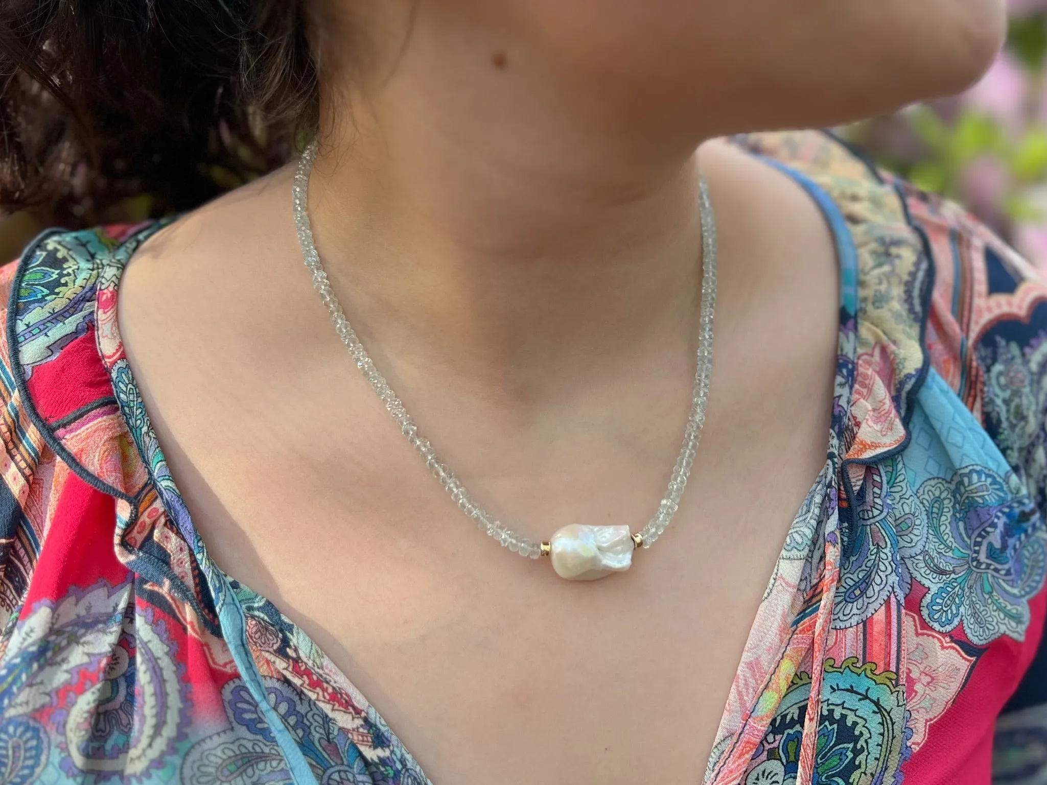 Aquamarine Necklace with Baroque Pearl Accent