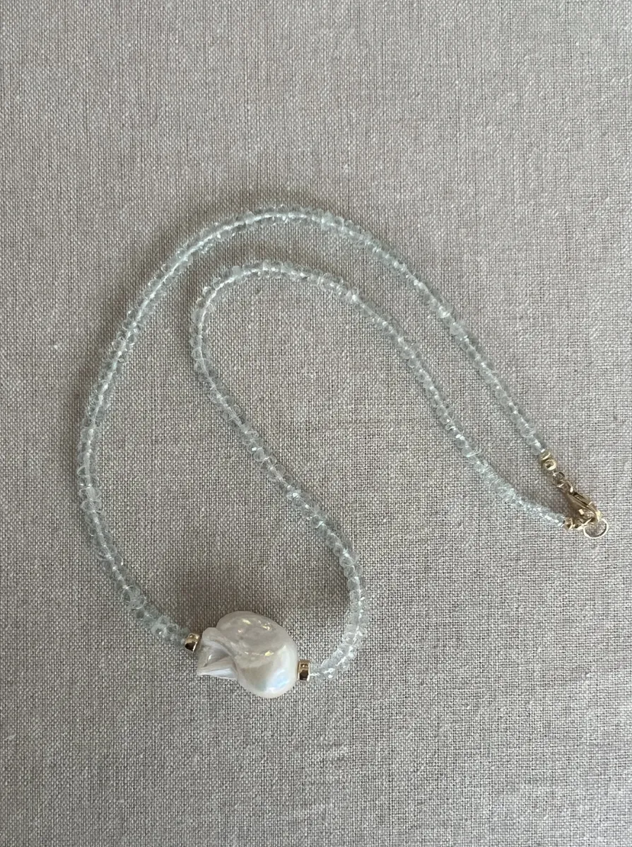 Aquamarine Necklace with Baroque Pearl Accent