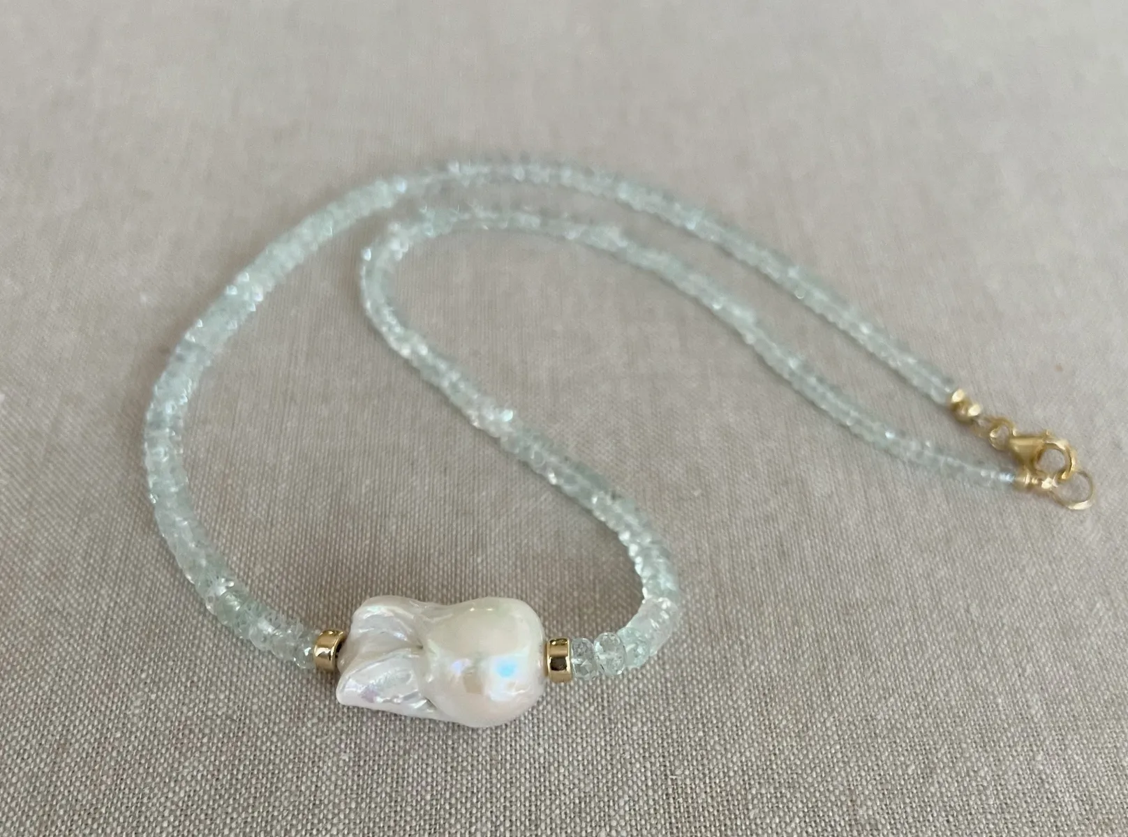 Aquamarine Necklace with Baroque Pearl Accent