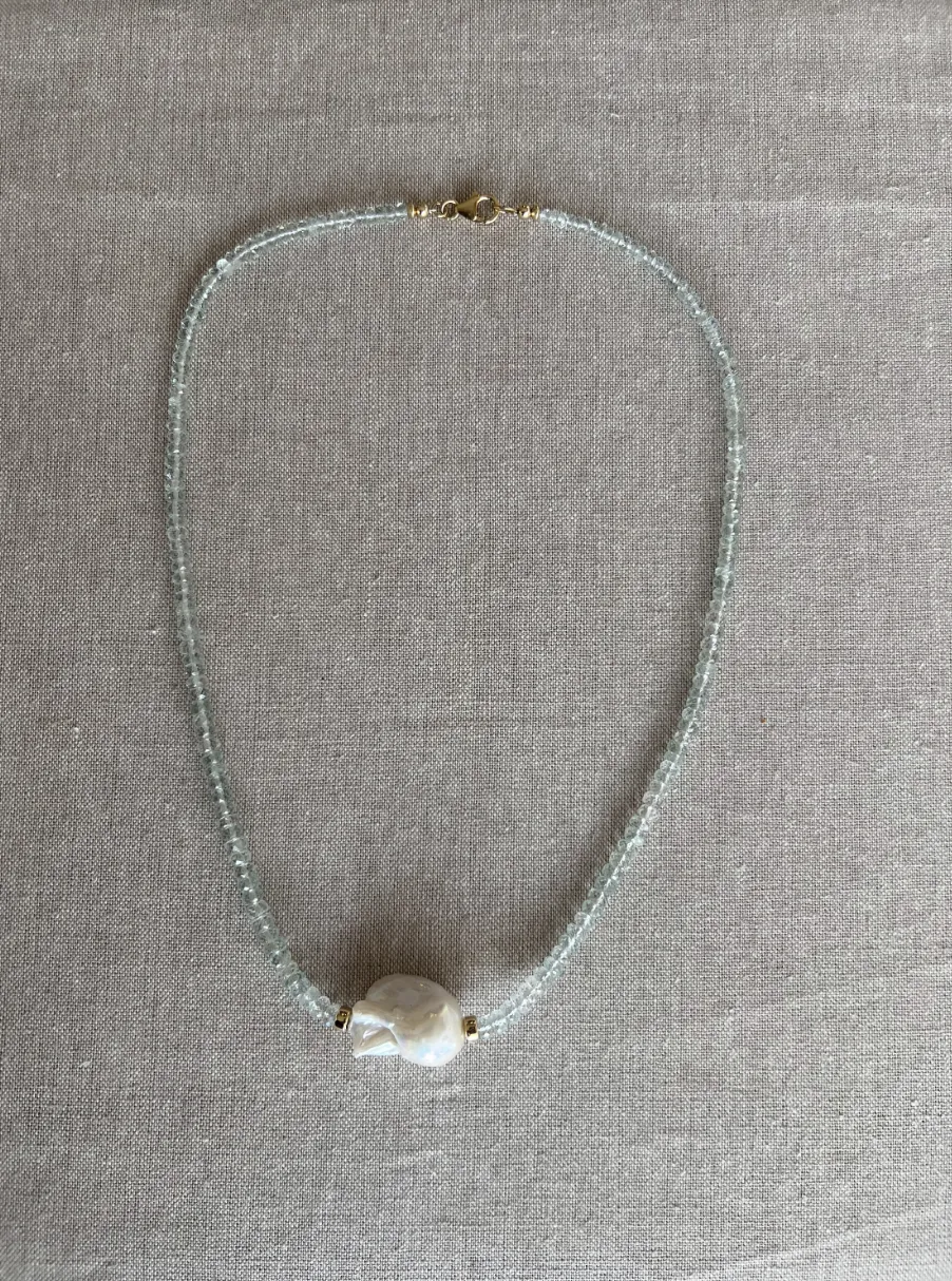 Aquamarine Necklace with Baroque Pearl Accent