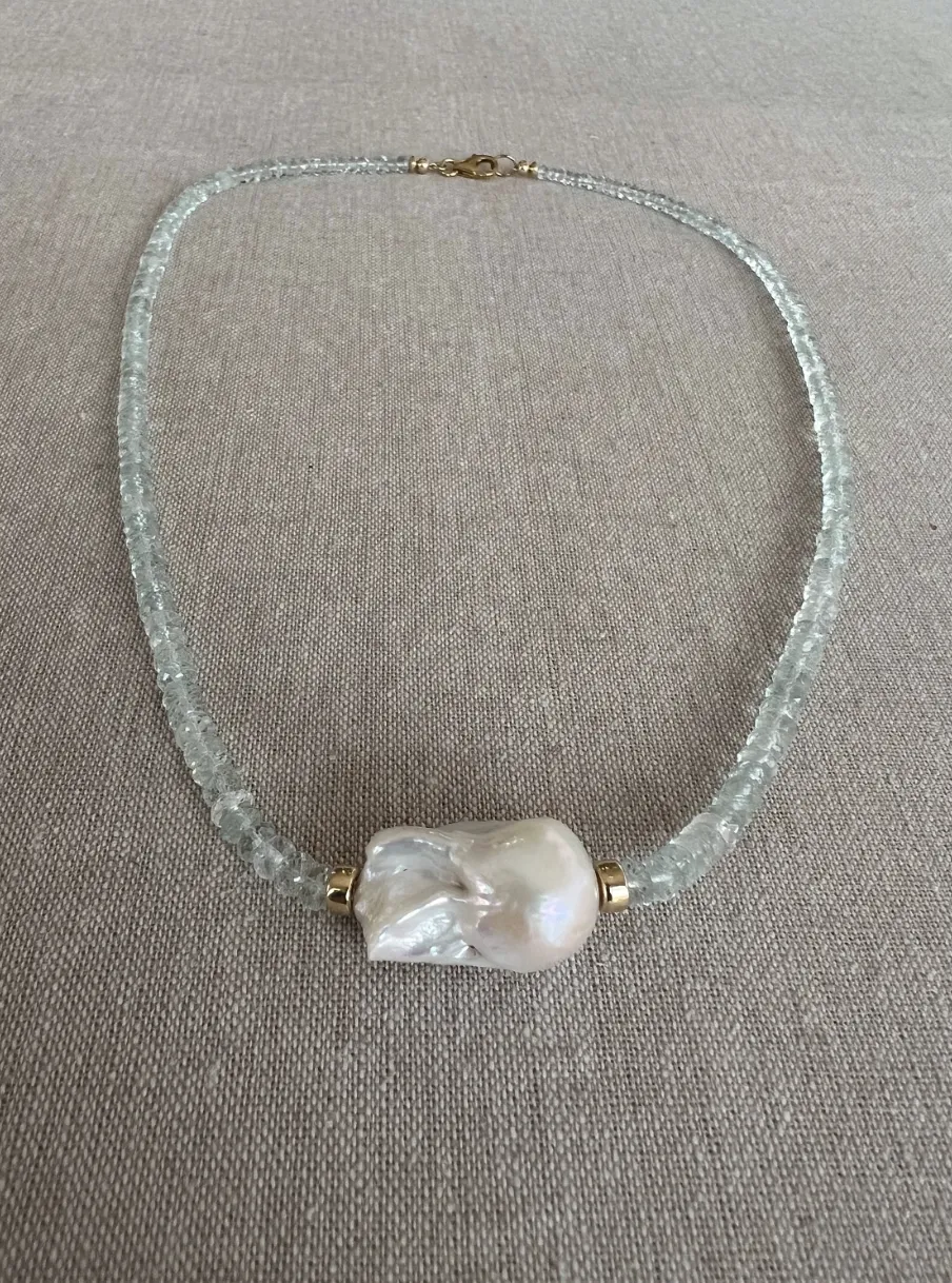 Aquamarine Necklace with Baroque Pearl Accent