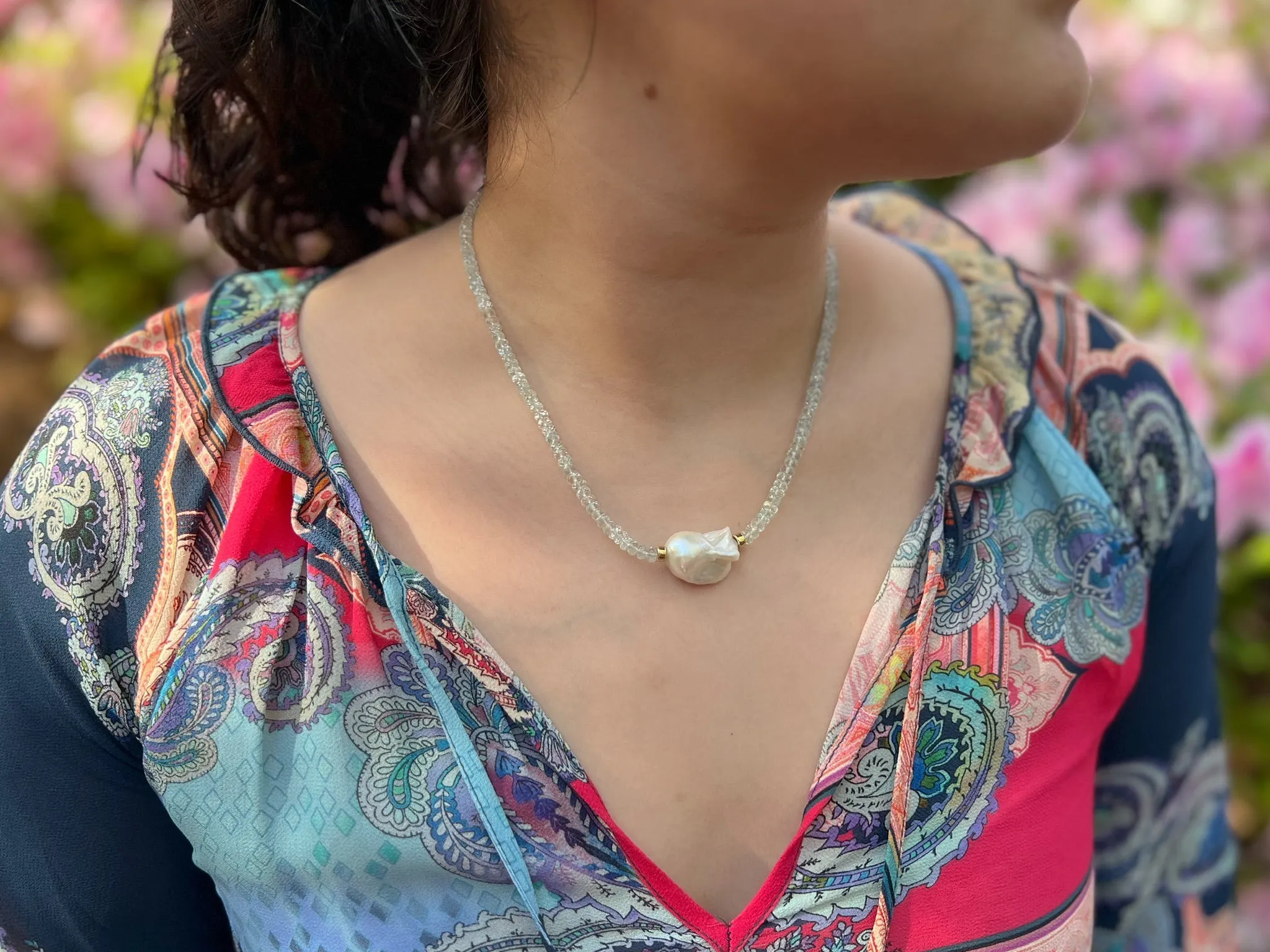 Aquamarine Necklace with Baroque Pearl Accent