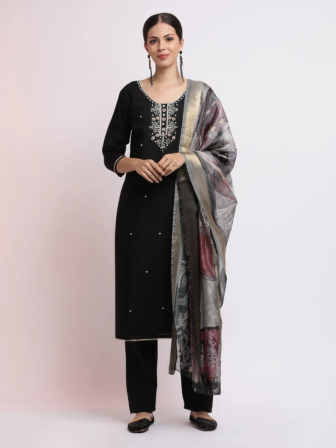 Black Embroidered Cotton Blend Kurta Set With Dupatta