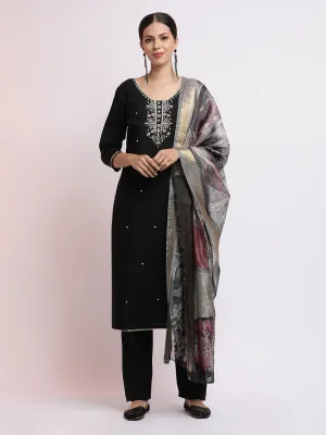 Black Embroidered Cotton Blend Kurta Set With Dupatta