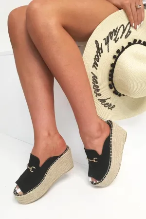 Black Faux Suede Rope Braid Mule Wedges - Saori