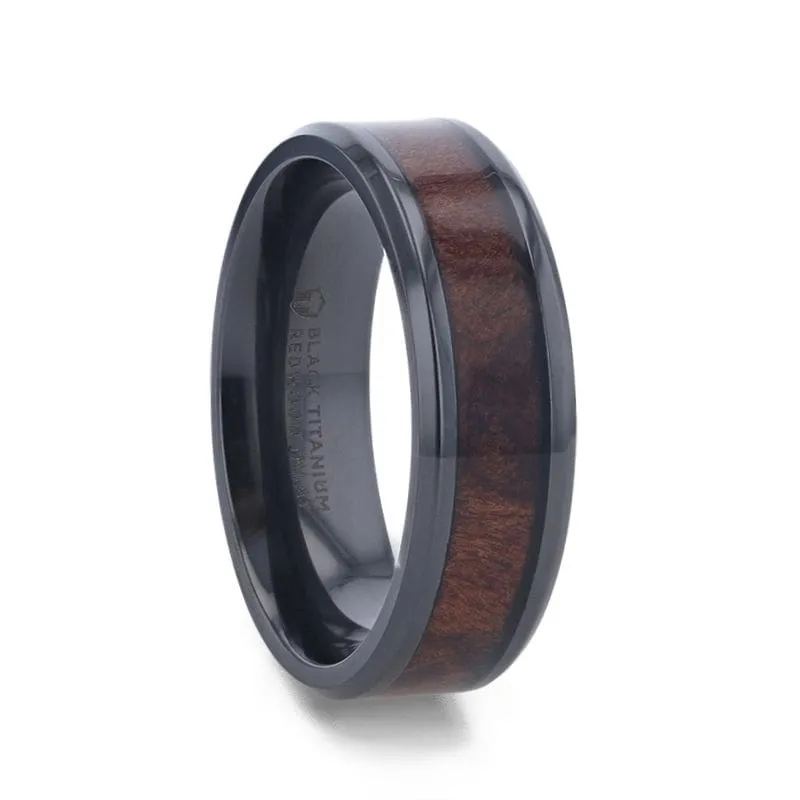BRIGHTON Redwood Inlaid Titanium Men's Wedding Band With Beveled Edges 8mm