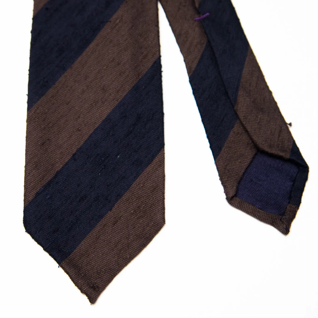 Brown and Navy Stripe Raw Silk Tie