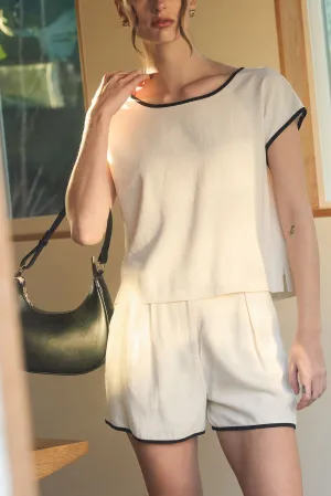 CONTRAST TRIM ROUND NECK SHORT SLEEVE LINEN SHIRT