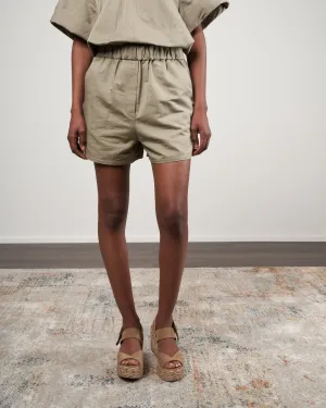 cotton linen sateen pull on shorts - dark clay