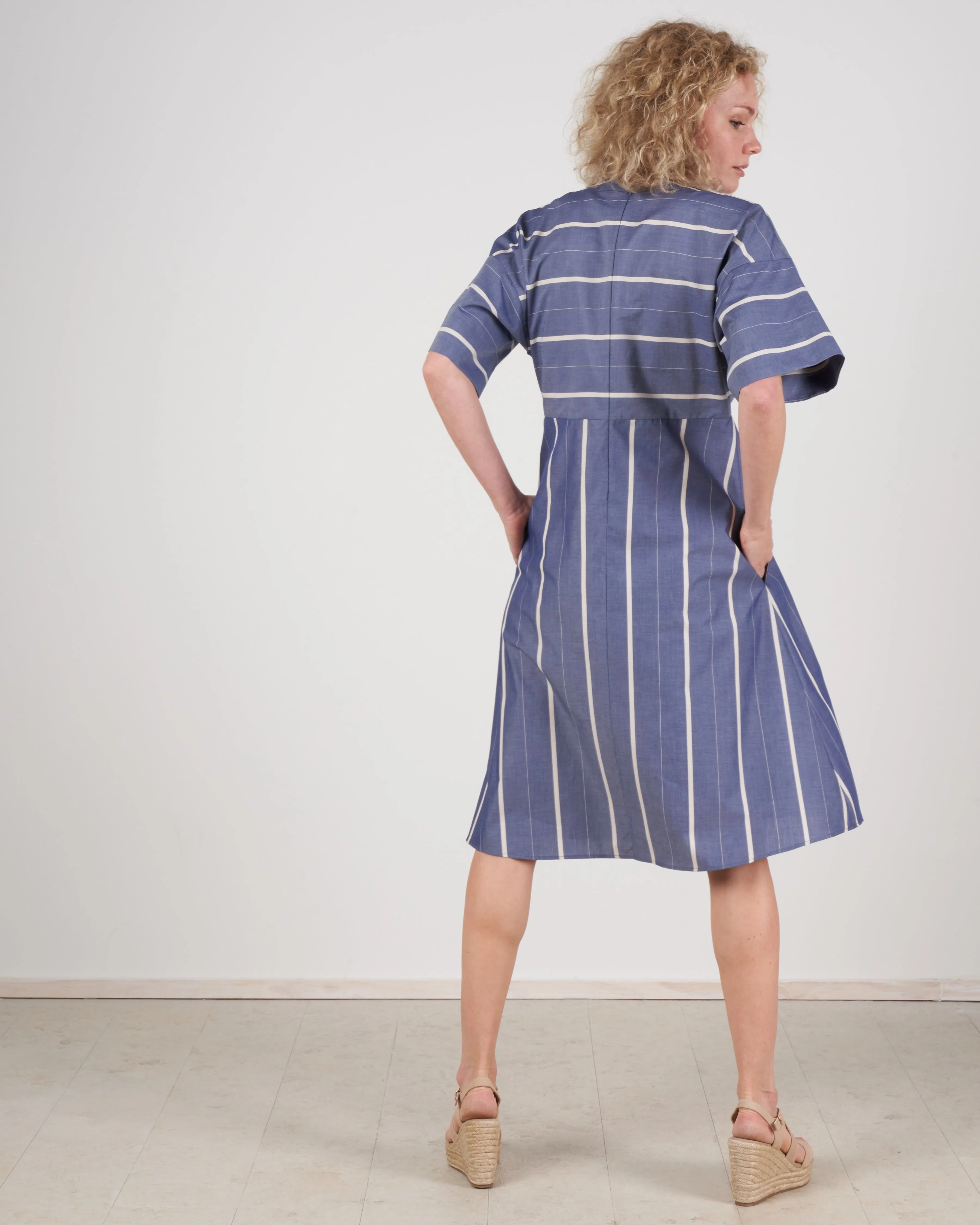 cuffed cross front dress - chambray stripe