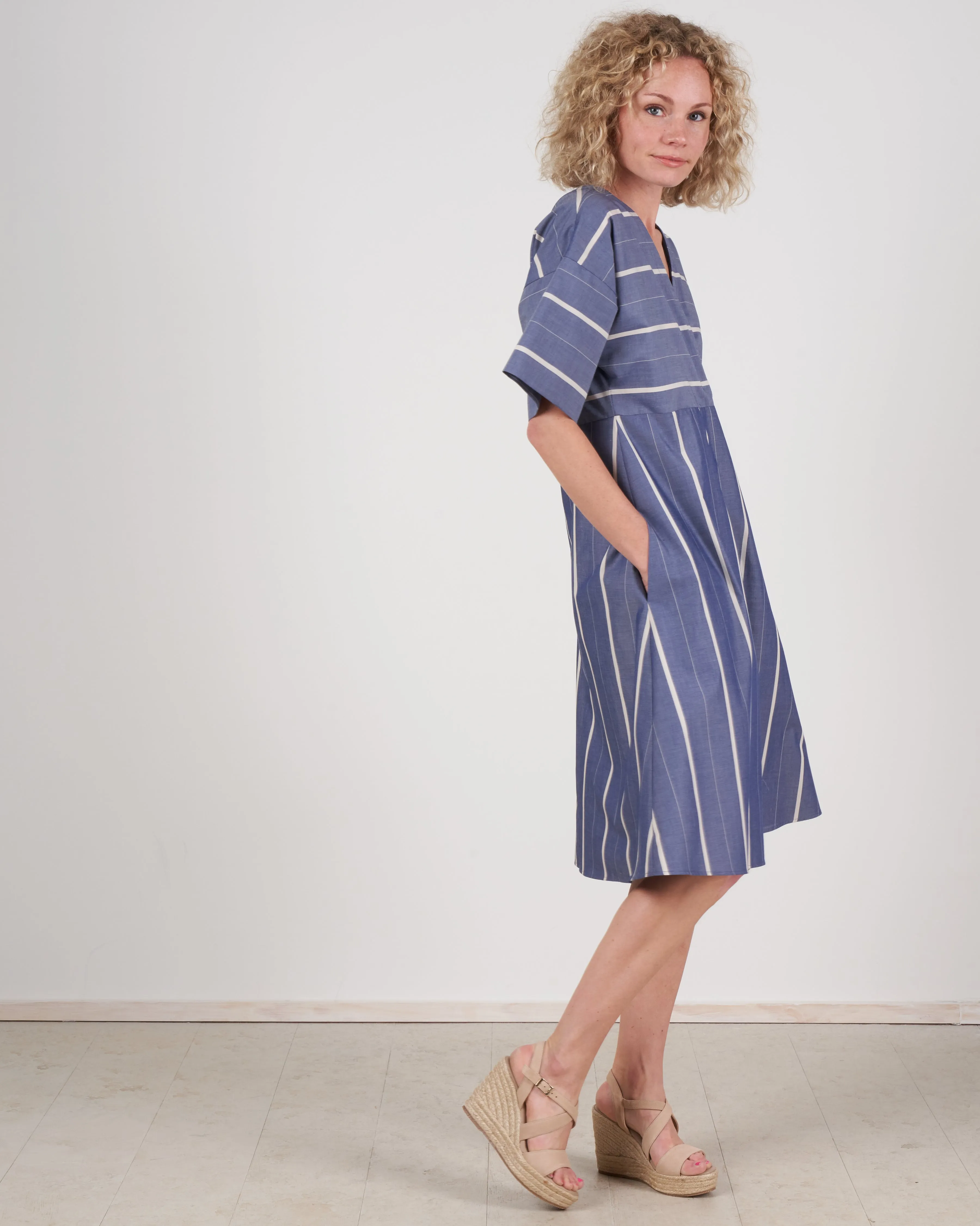 cuffed cross front dress - chambray stripe