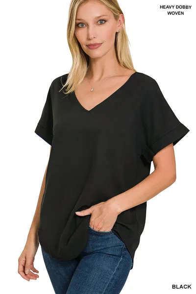 *Deals & Steals* Vneck Rolled Sleeve Top-Multiple Colors Available