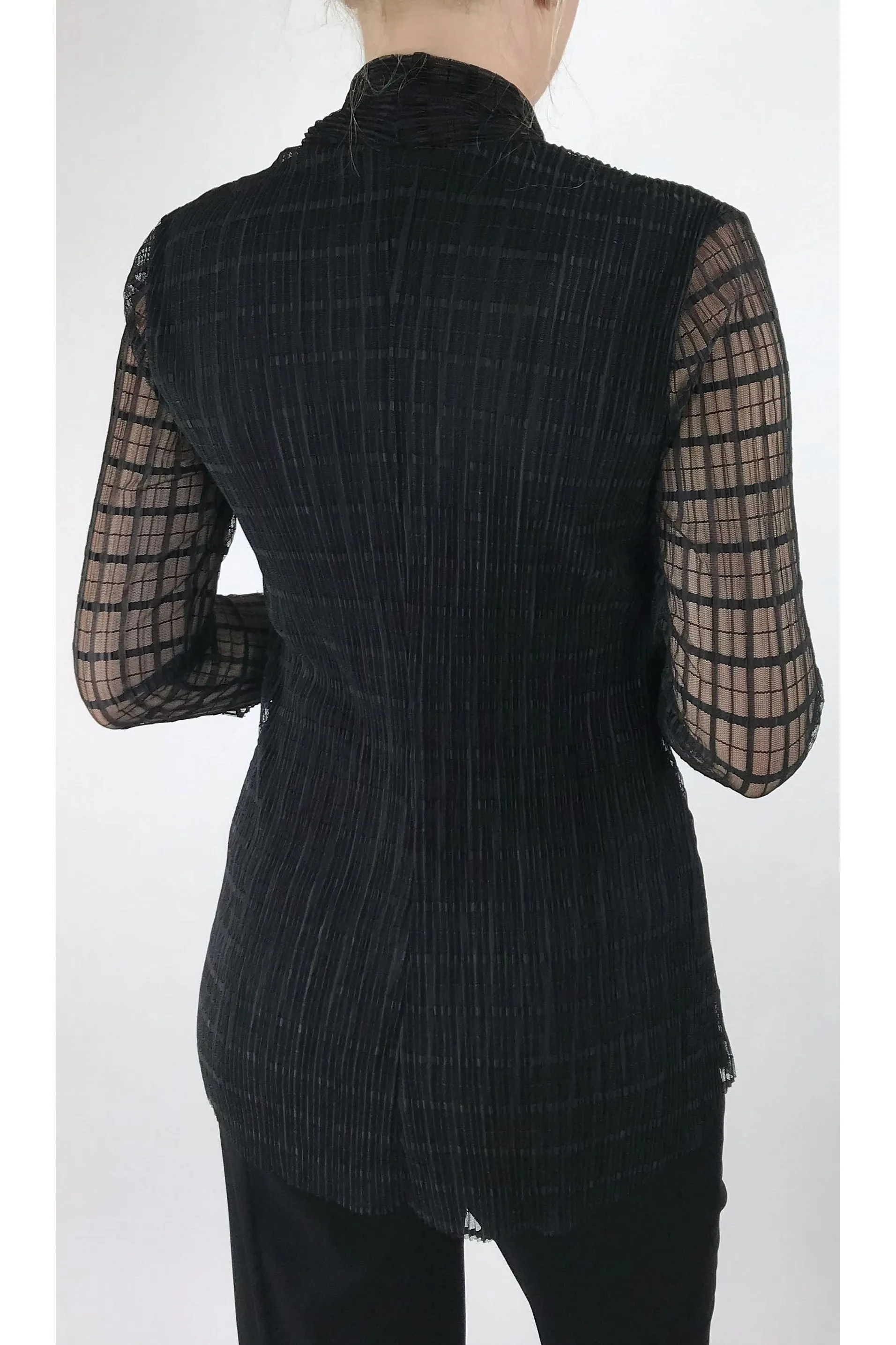 DOLCEVITA Black Window Pane Lace Flared Top With Bow Necktie.