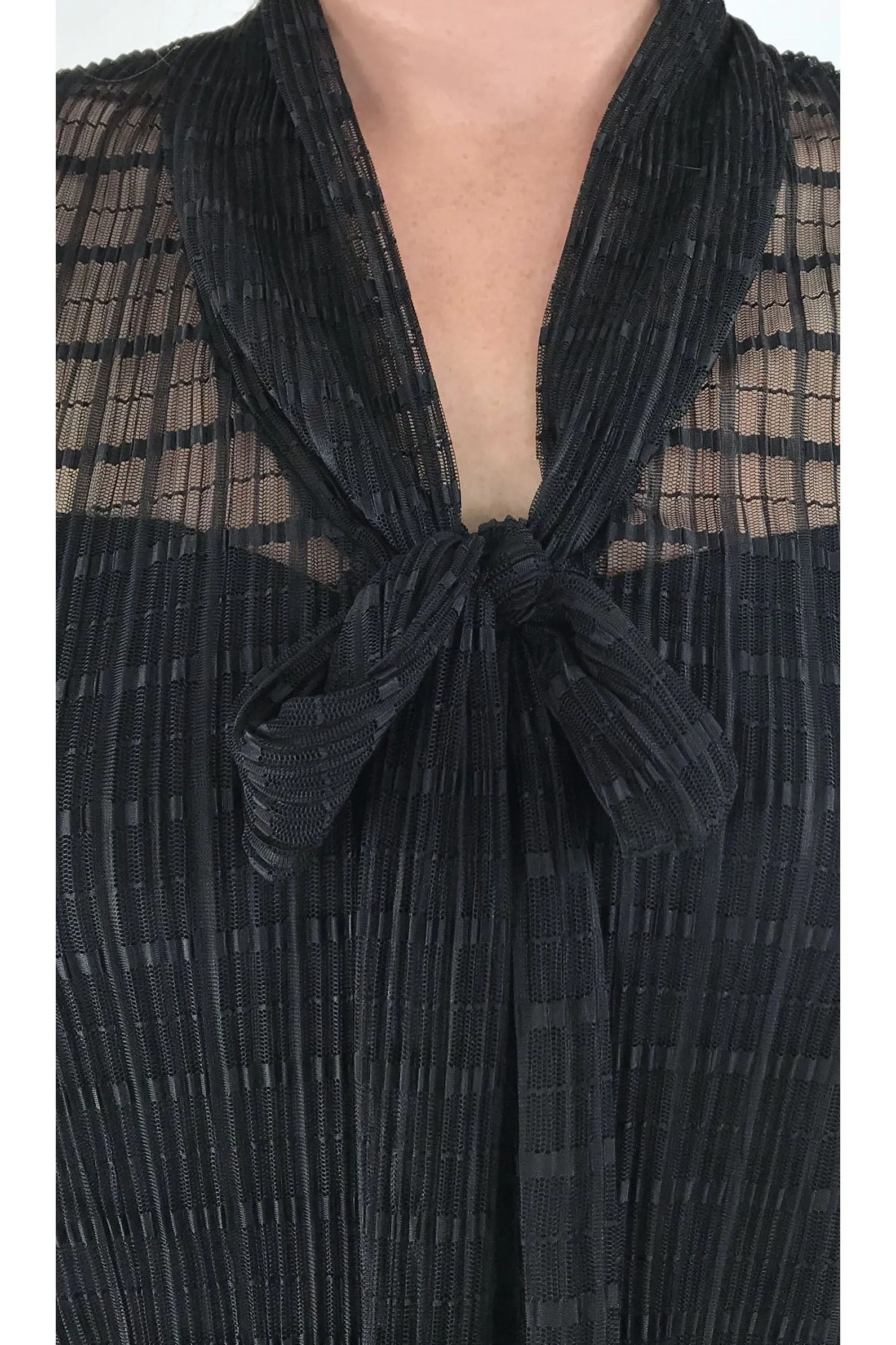 DOLCEVITA Black Window Pane Lace Flared Top With Bow Necktie.