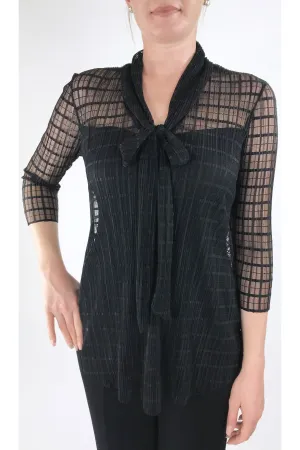 DOLCEVITA Black Window Pane Lace Flared Top With Bow Necktie.