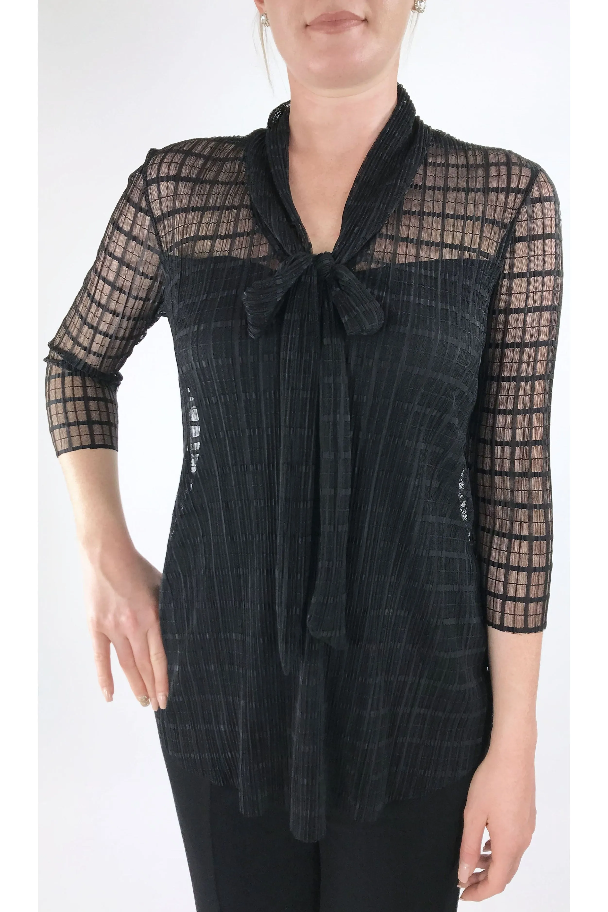 DOLCEVITA Black Window Pane Lace Flared Top With Bow Necktie.
