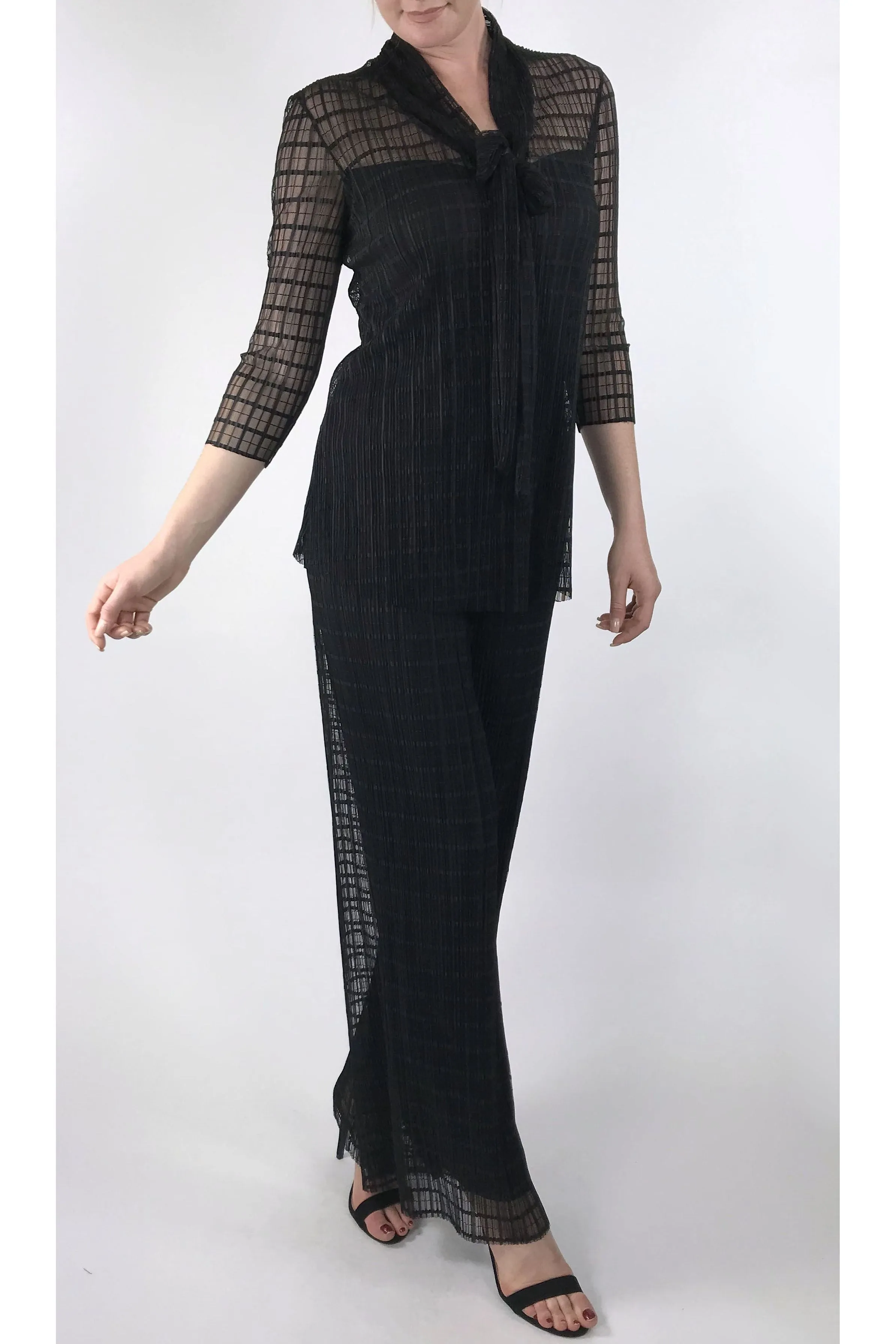 DOLCEVITA Black Window Pane Lace Flared Top With Bow Necktie.