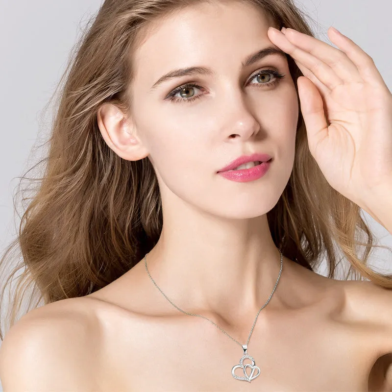 Duo Hearts with Pave Cubic Zircon Pendant Necklace