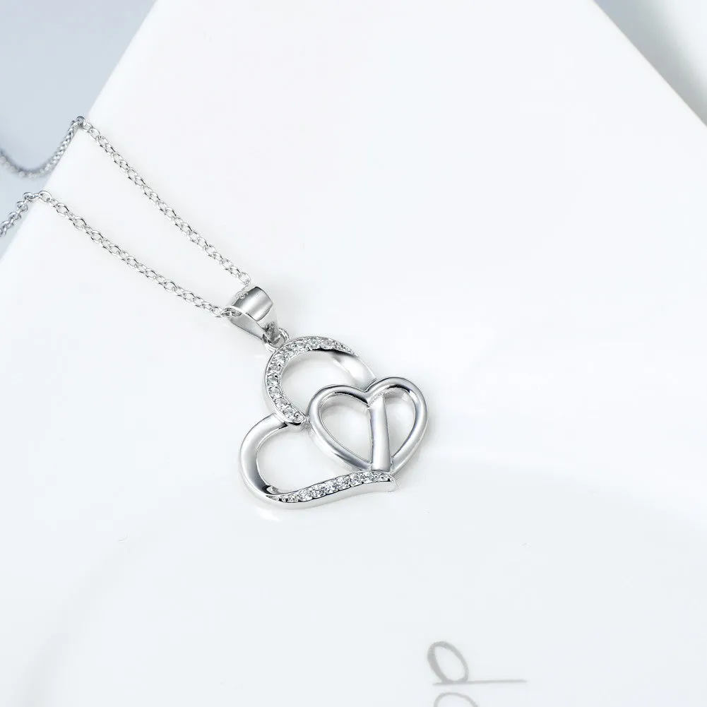 Duo Hearts with Pave Cubic Zircon Pendant Necklace