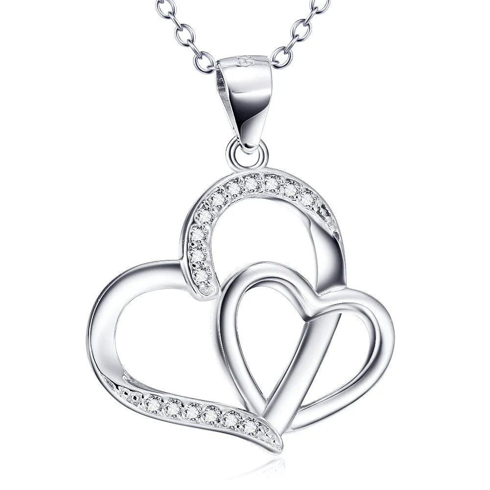 Duo Hearts with Pave Cubic Zircon Pendant Necklace