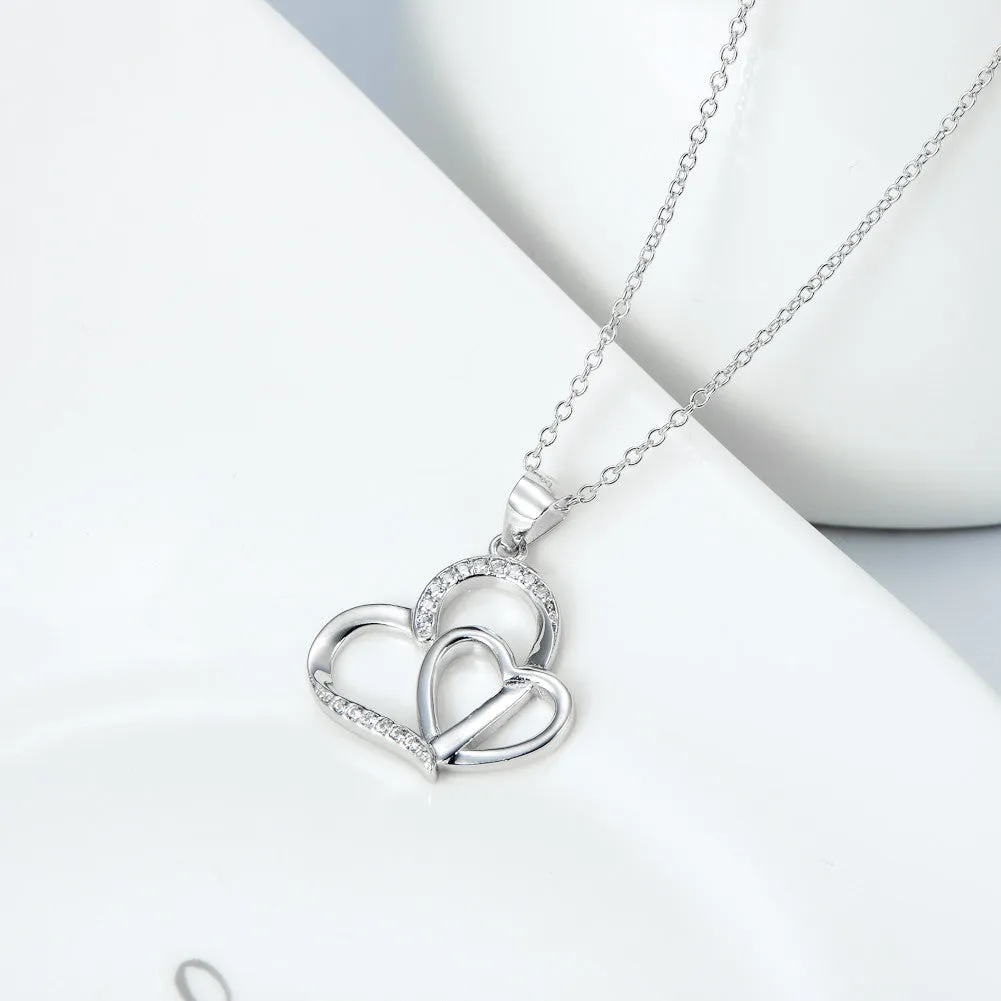 Duo Hearts with Pave Cubic Zircon Pendant Necklace