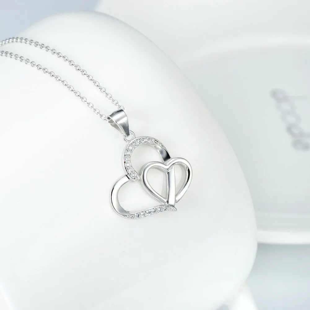 Duo Hearts with Pave Cubic Zircon Pendant Necklace