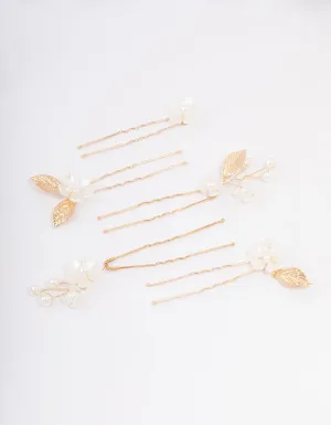Gold Wire Flower Pearl Hair Pins