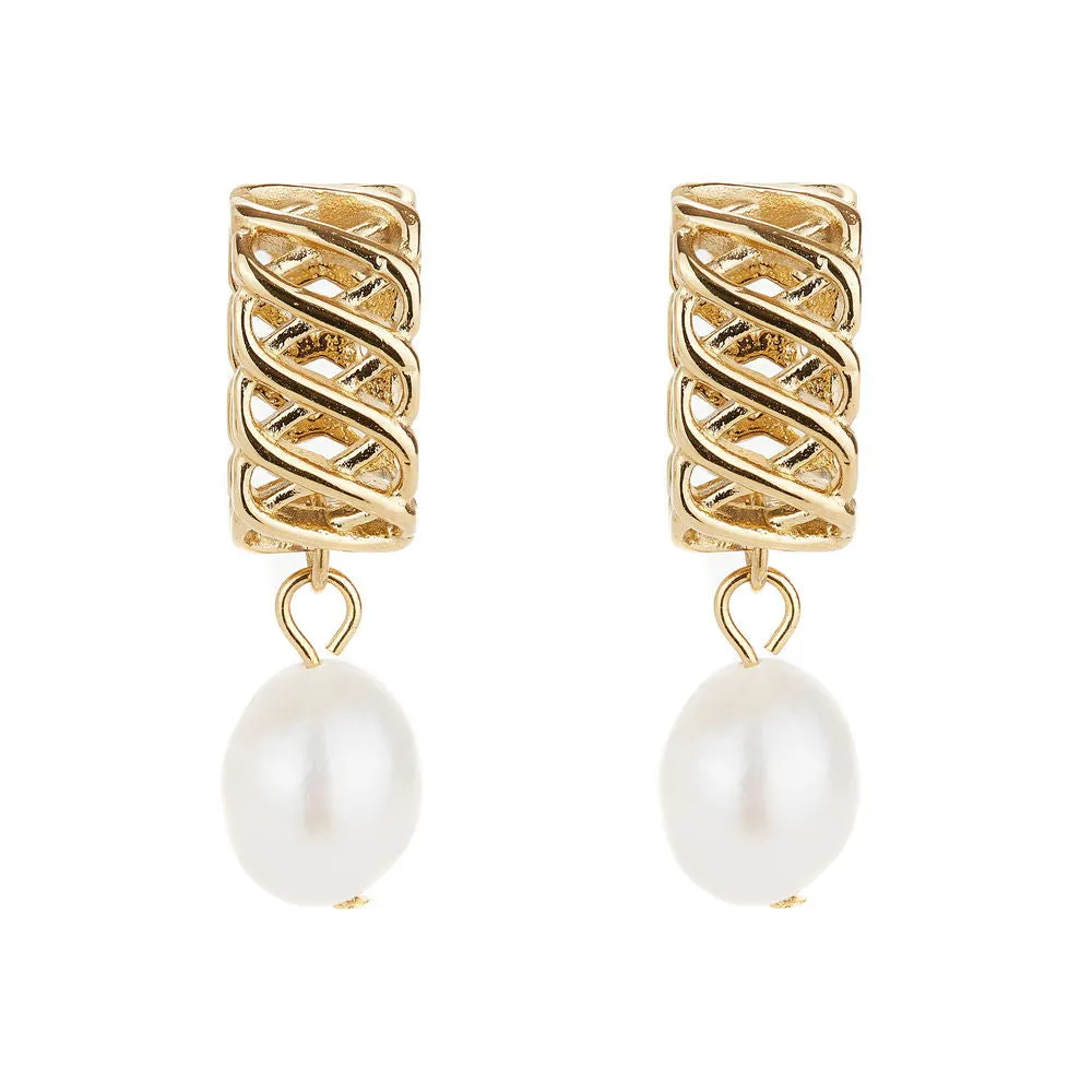Gold Woven Drop Pearl Earrings