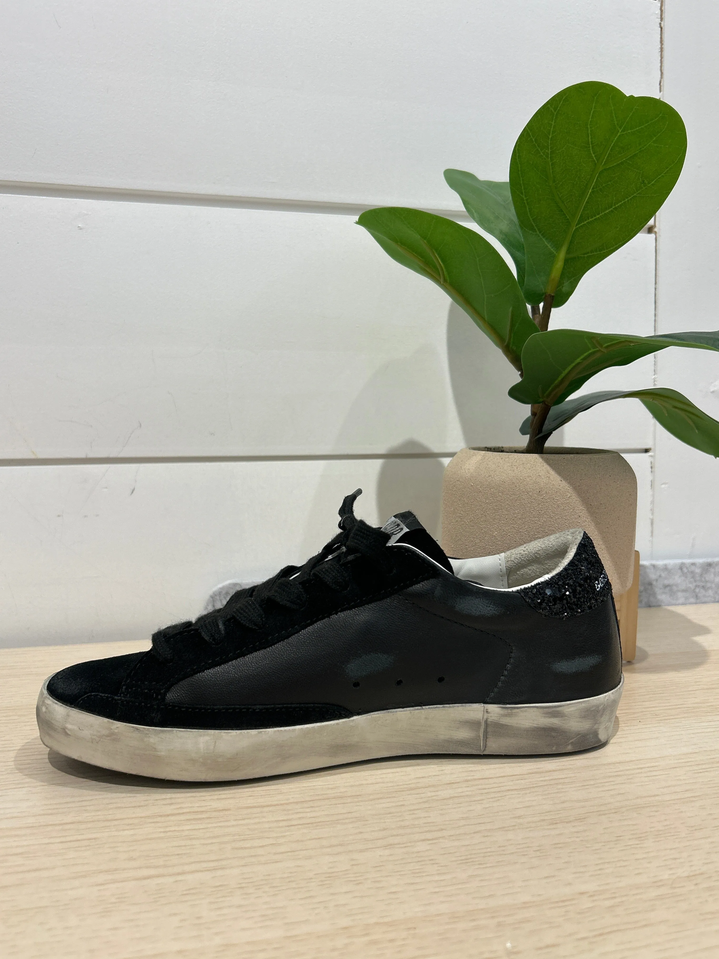 Golden Goose Shoes, Black Super Star Glitter Leather Sneakers (size 37)