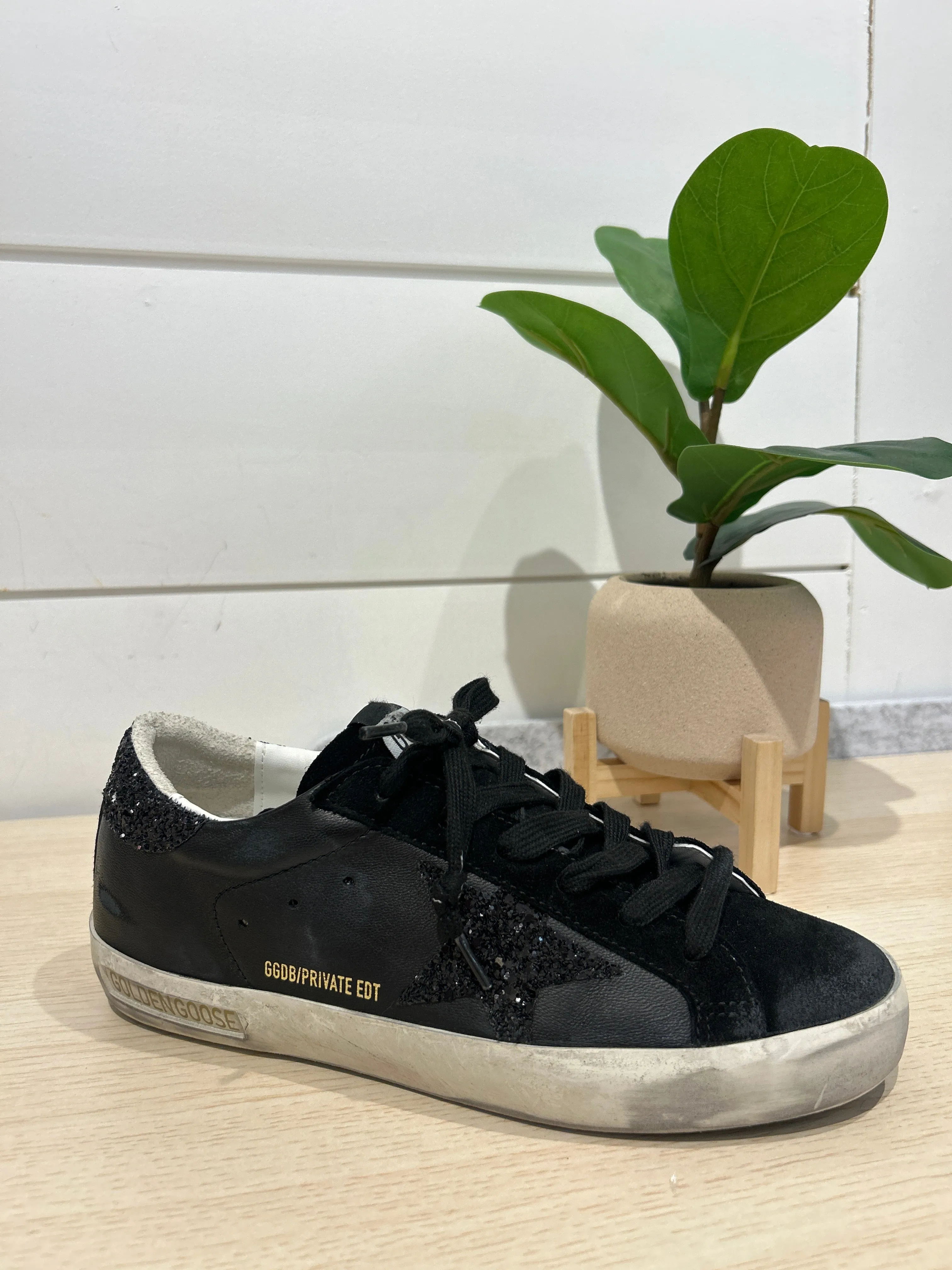 Golden Goose Shoes, Black Super Star Glitter Leather Sneakers (size 37)