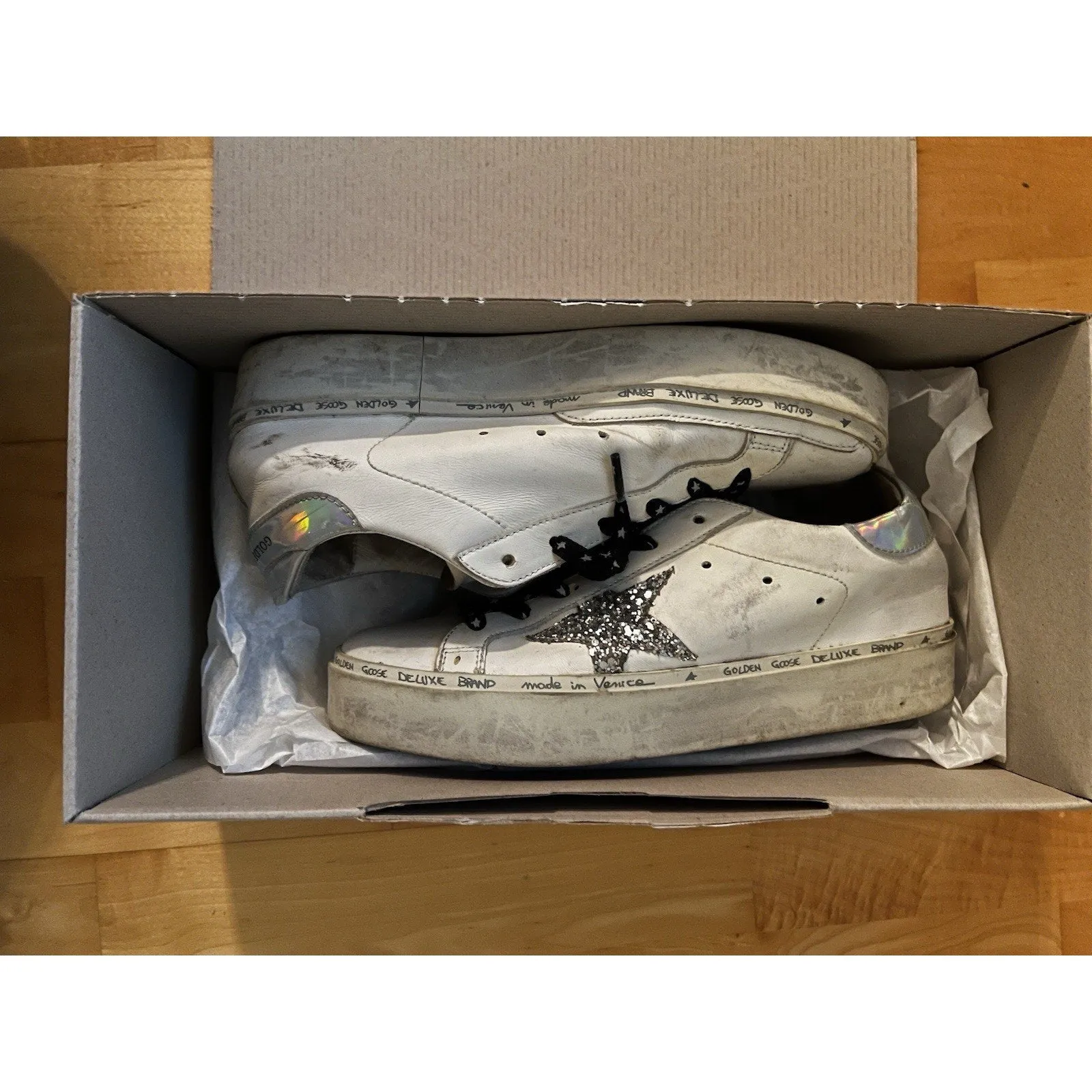 Golden Goose Women's Hi Star Chunky Sneakers – White with Sparkle Star Logo, Size 36