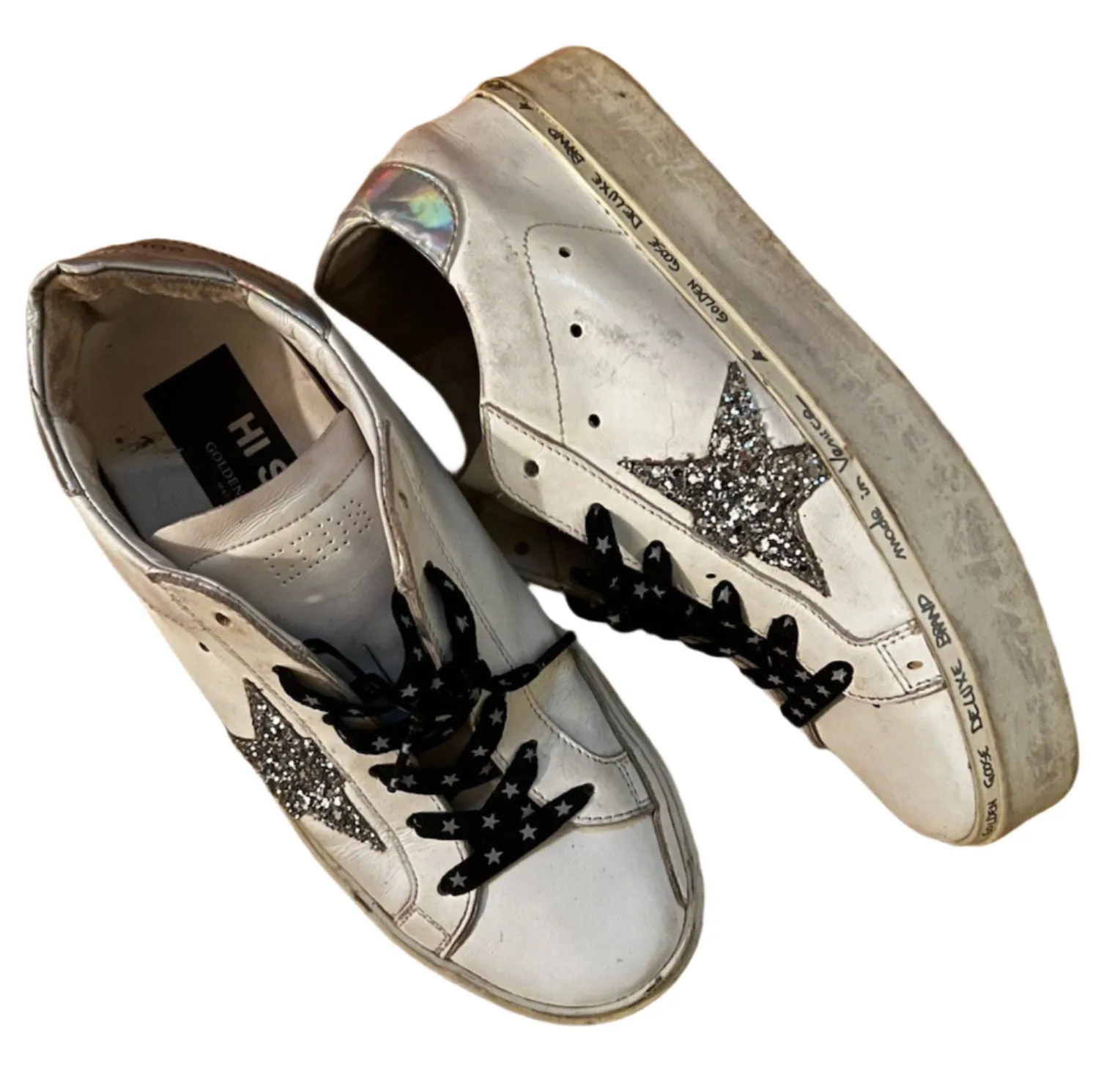 Golden Goose Women's Hi Star Chunky Sneakers – White with Sparkle Star Logo, Size 36