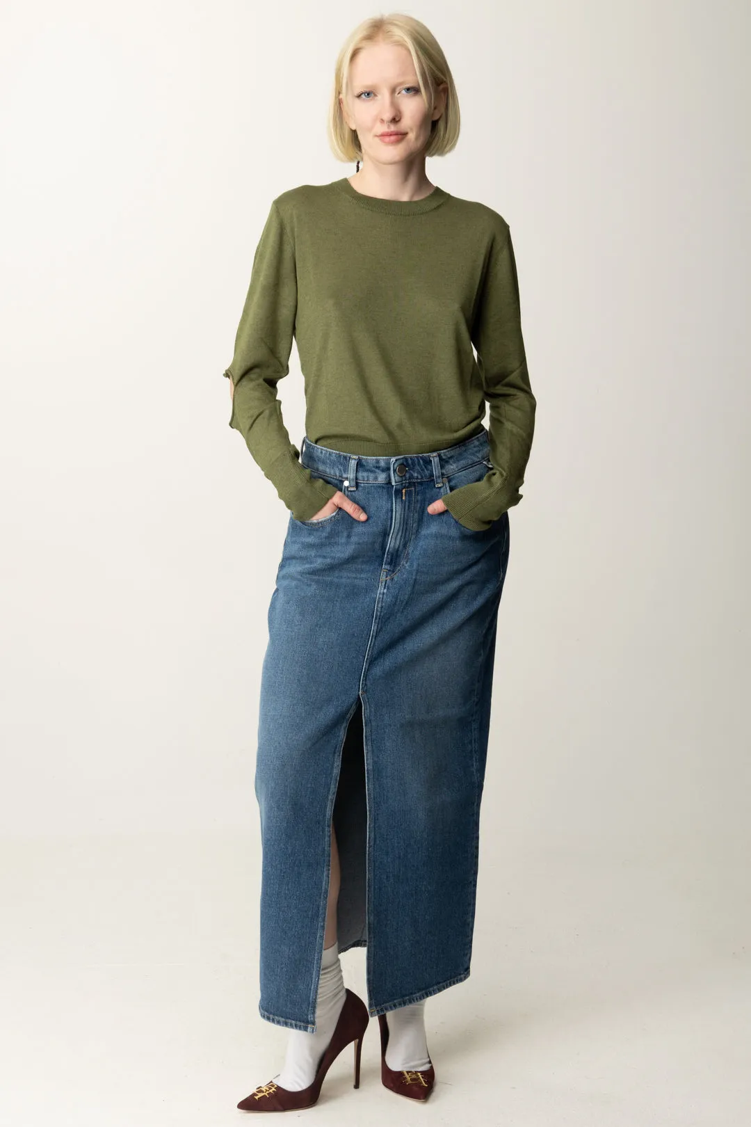 Gonna Midi In Jeans con Spacco Frontale