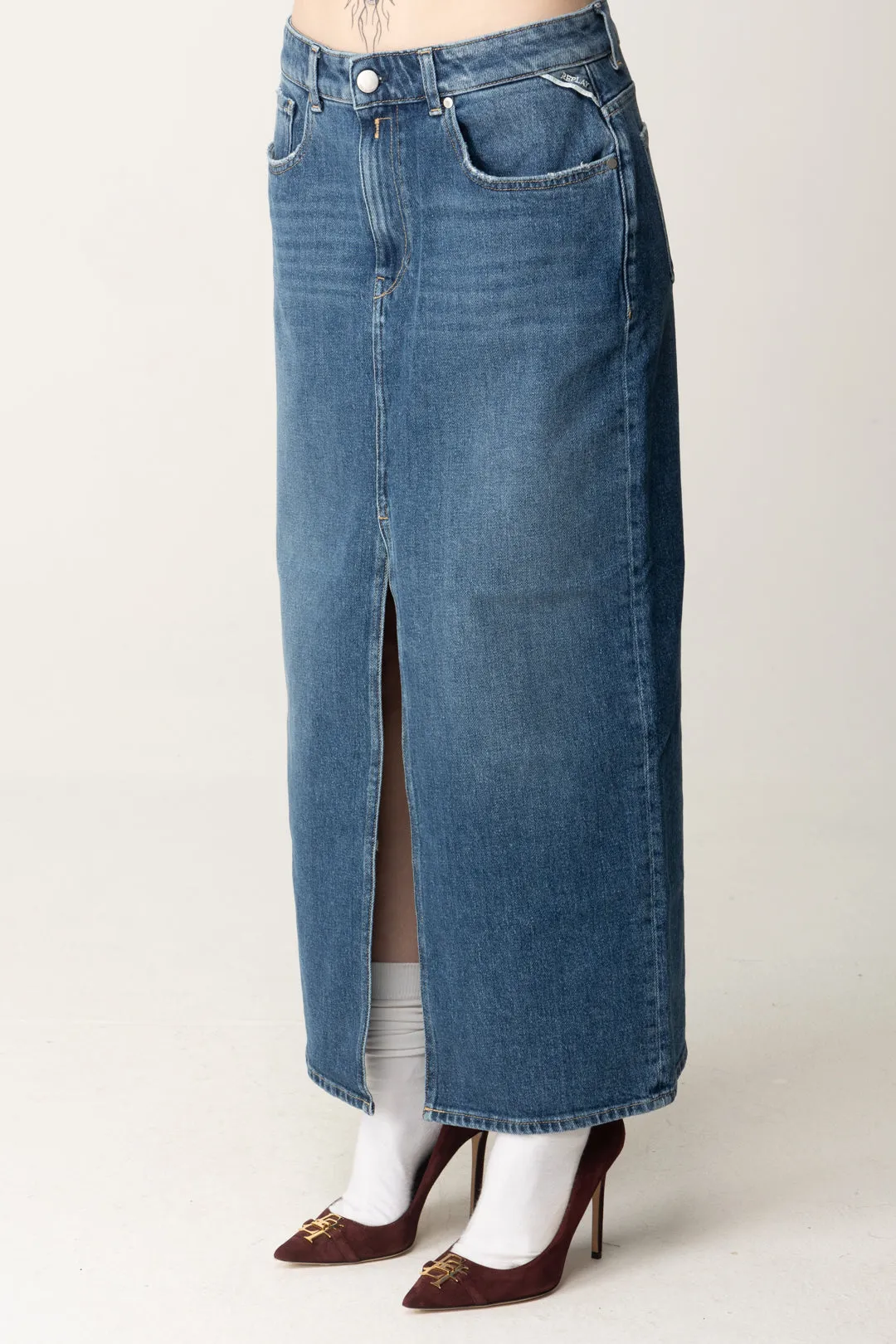 Gonna Midi In Jeans con Spacco Frontale