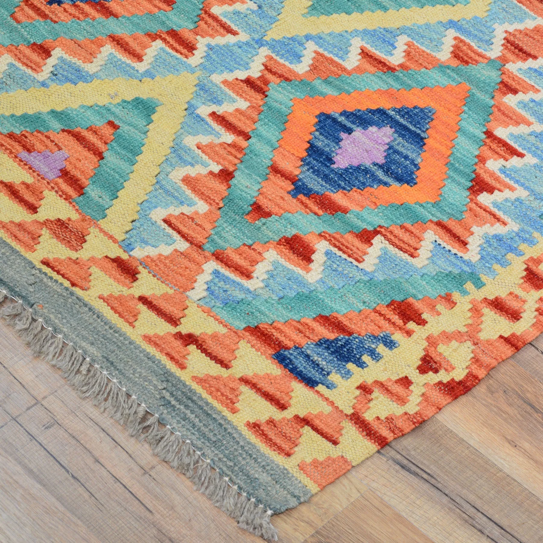 Hand-Woven Flatweave Geometric Design Kilim Handmade Wool (Size 2.10 X 15.10) Cwral-9558