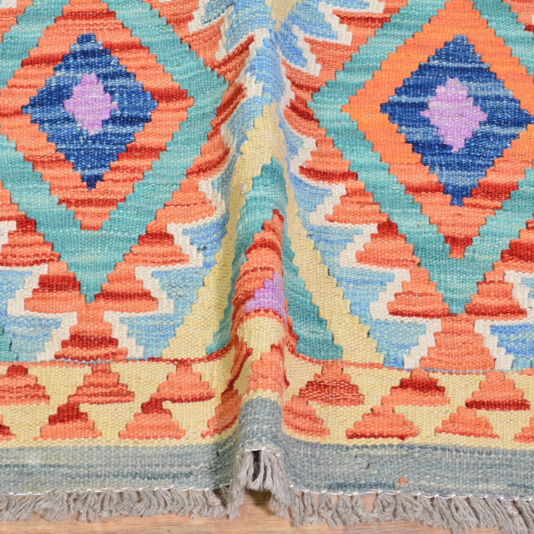 Hand-Woven Flatweave Geometric Design Kilim Handmade Wool (Size 2.10 X 15.10) Cwral-9558