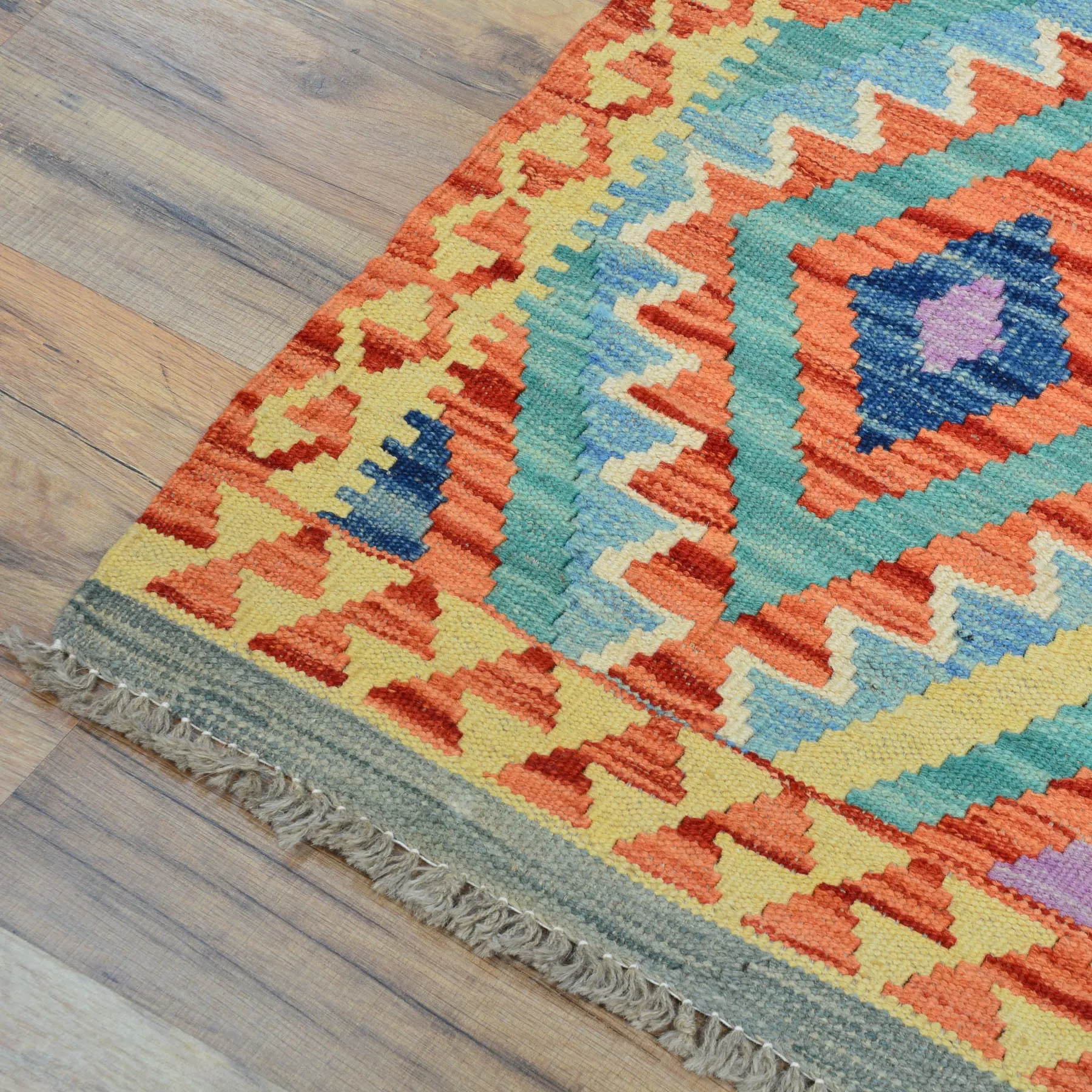 Hand-Woven Flatweave Geometric Design Kilim Handmade Wool (Size 2.10 X 15.10) Cwral-9558