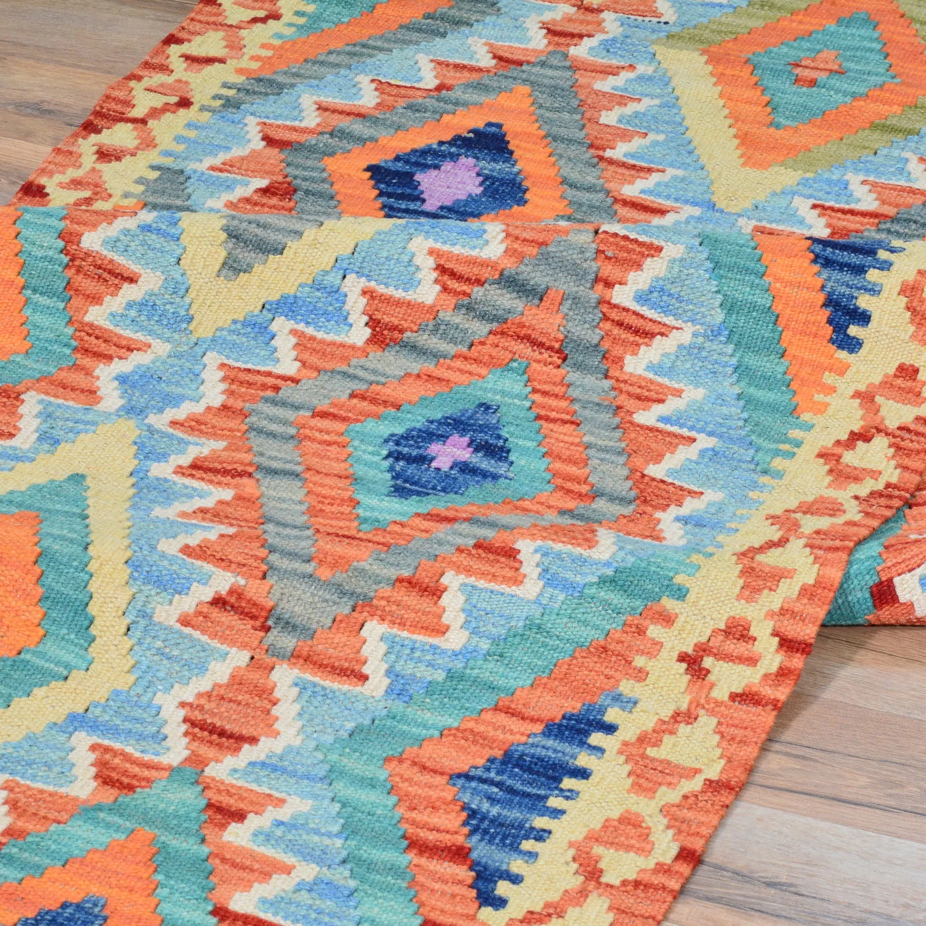 Hand-Woven Flatweave Geometric Design Kilim Handmade Wool (Size 2.10 X 15.10) Cwral-9558