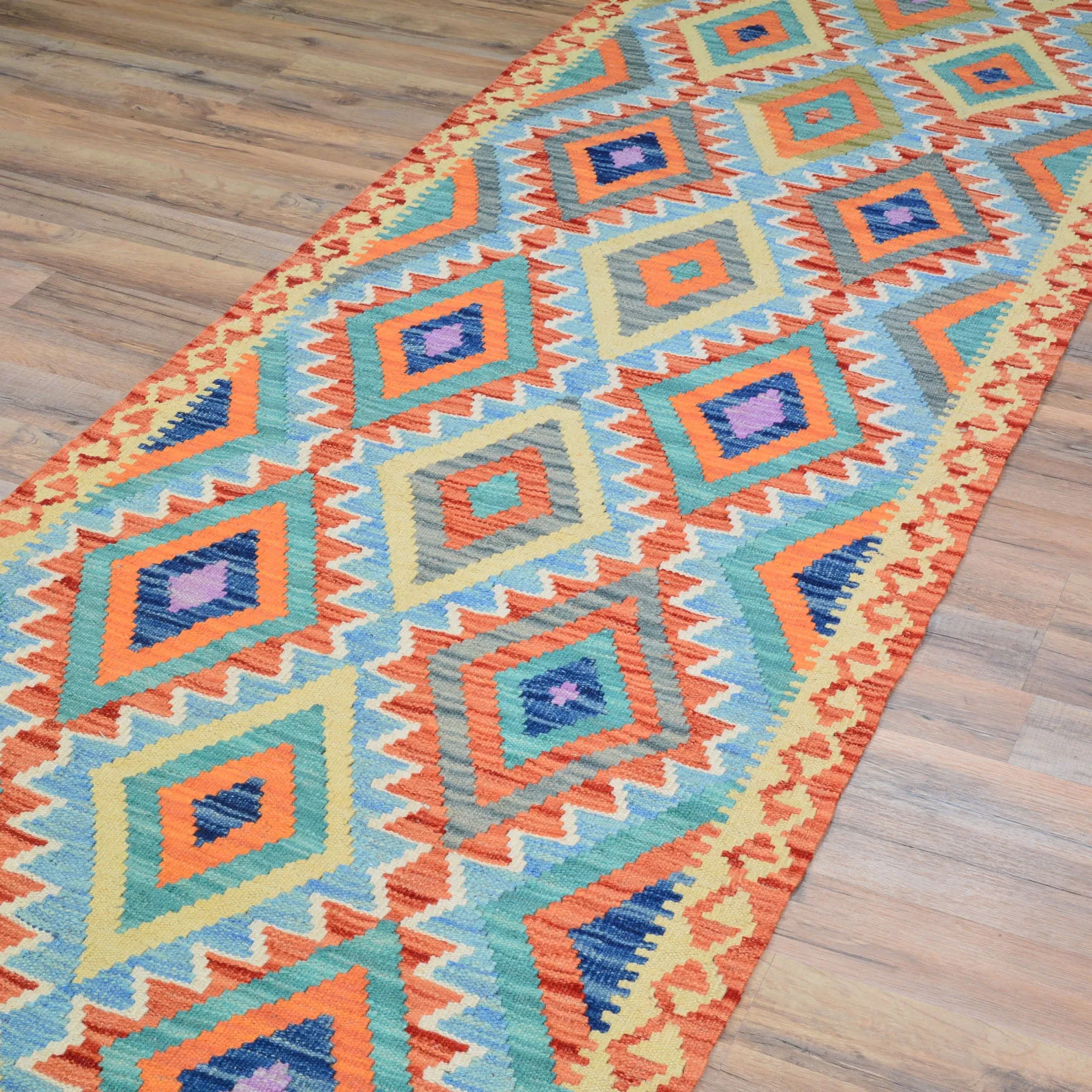 Hand-Woven Flatweave Geometric Design Kilim Handmade Wool (Size 2.10 X 15.10) Cwral-9558