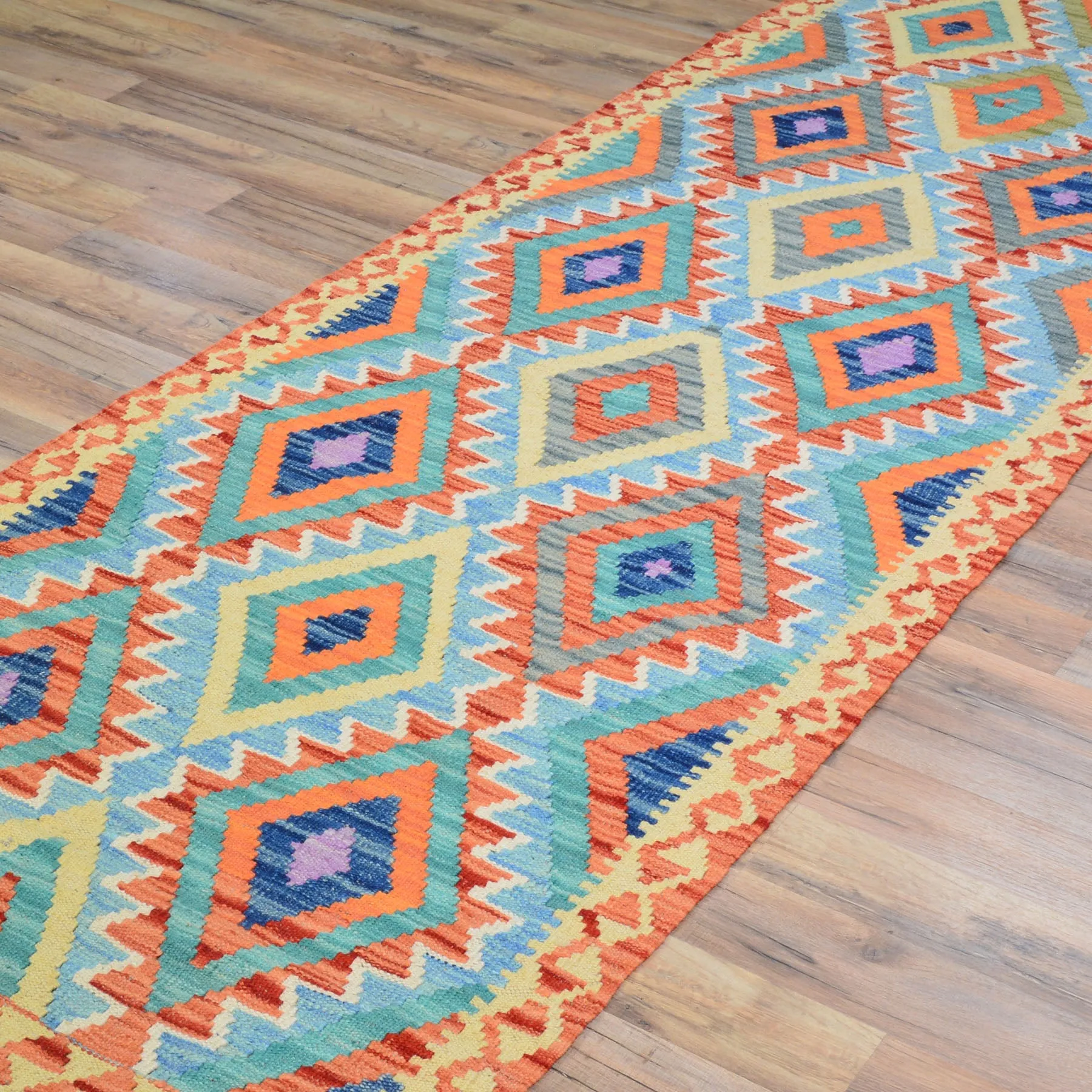 Hand-Woven Flatweave Geometric Design Kilim Handmade Wool (Size 2.10 X 15.10) Cwral-9558